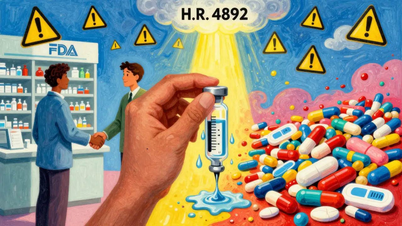 Patient holds melted insulin as split scene shows pharmacist handshake vs. chaotic pile of mismatched generic pills.