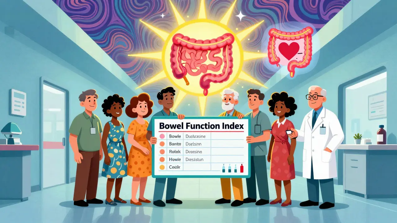 Patients and a pharmacist holding a glowing bowel chart, with a weekly injection shining like a sun and a peaceful heart-shaped intestine.