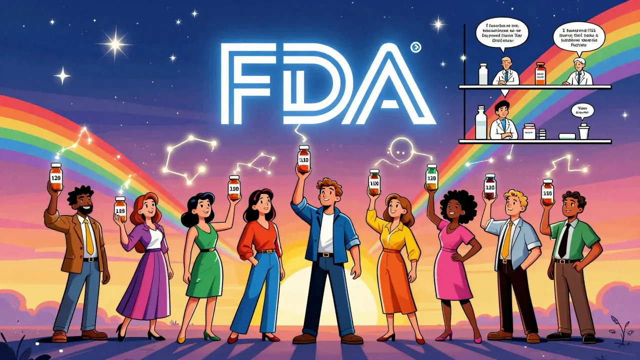 People hold medicine bottles with glowing lot numbers connected to an FDA logo in the sky, surrounded by cosmic rainbow lines.