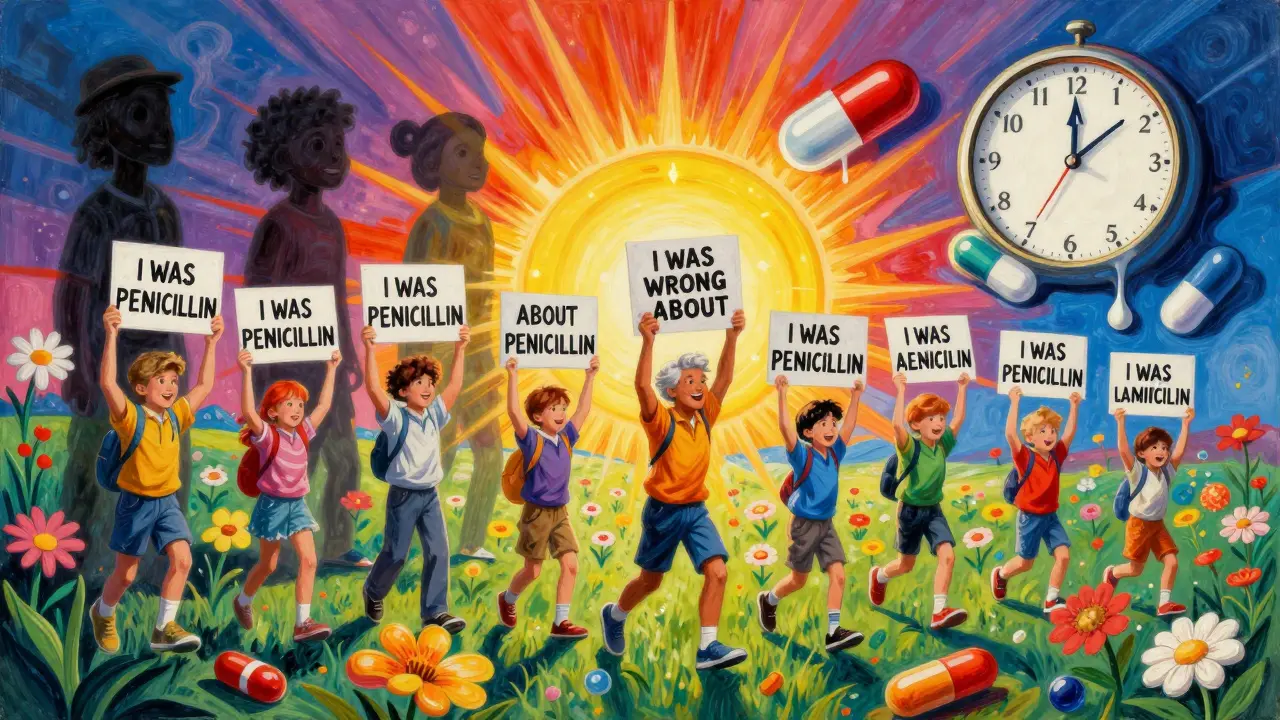 People step out of dark allergy labels into a sunlit field of antibiotic flowers, symbolizing liberation and healing.