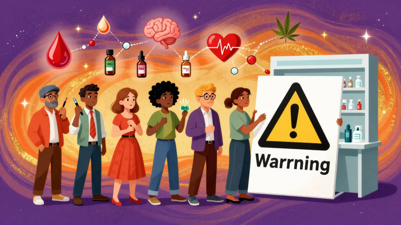 People with cannabis products beside a pharmacist, surrounded by flickering medical icons in vibrant colors.