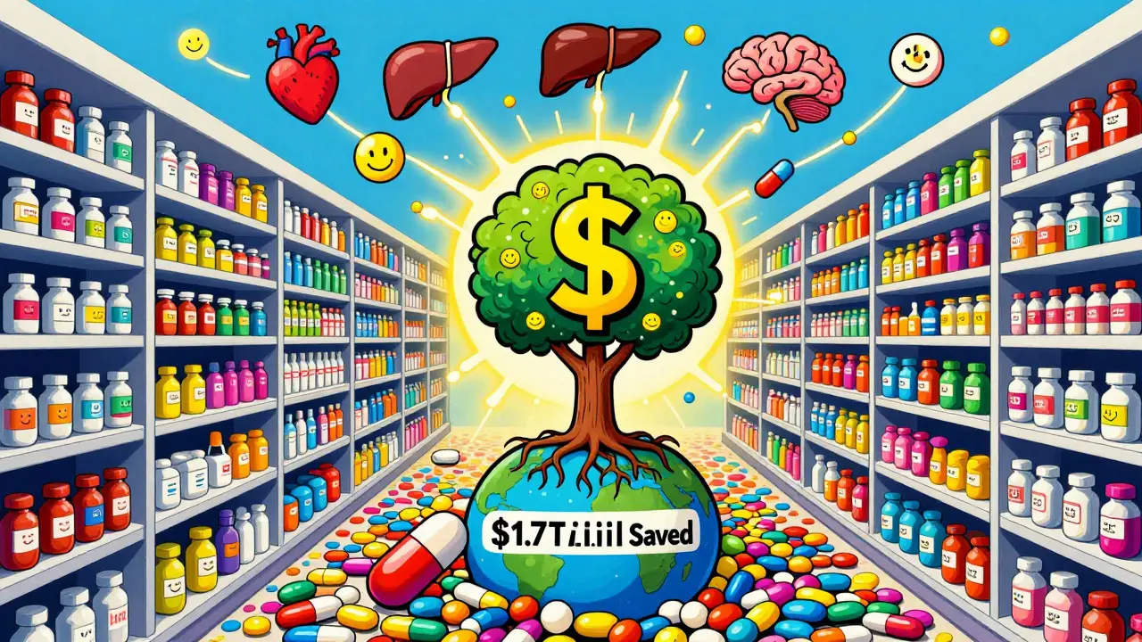 Rainbow generic pills on a shelf connected to a central brand pill with savings tree.
