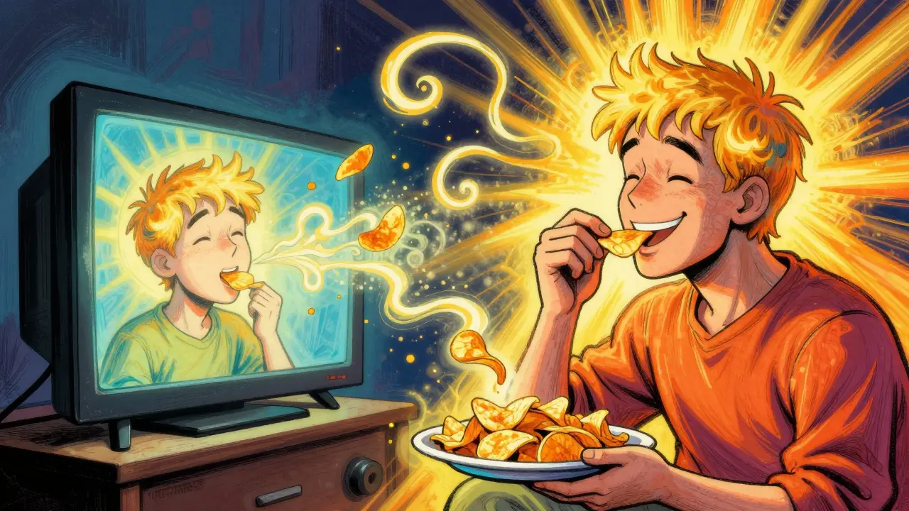 Split scene: one side shows distracted eating, the other shows mindful biting surrounded by sensory swirls in vibrant colors.