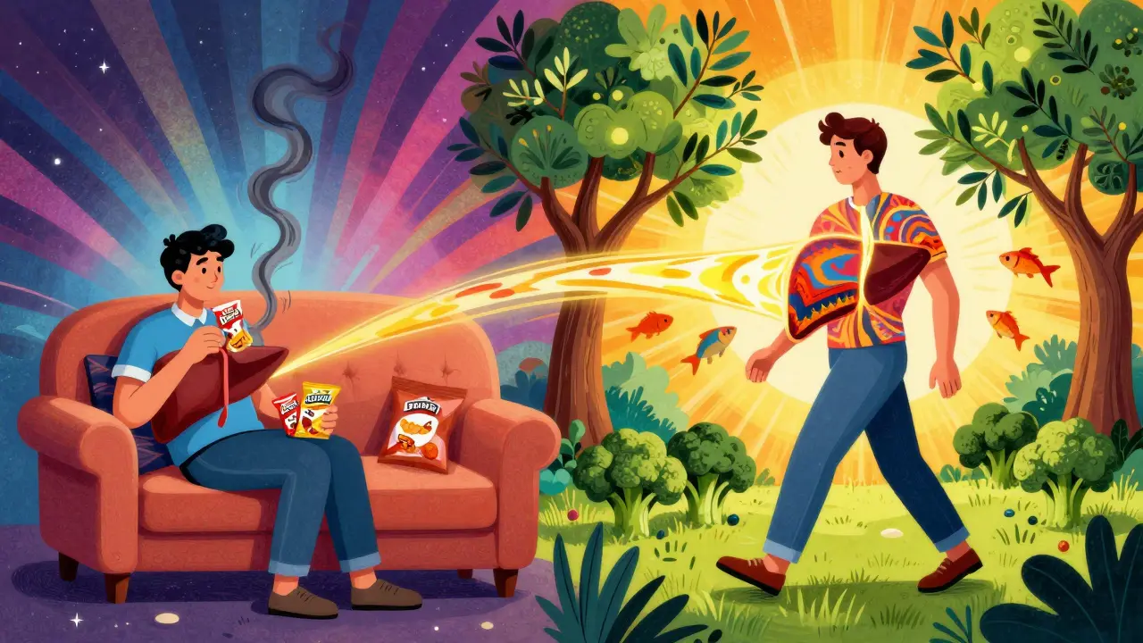 Split scene: one side shows unhealthy eating with dark smoke entering the liver, the other shows healthy habits with light healing it.