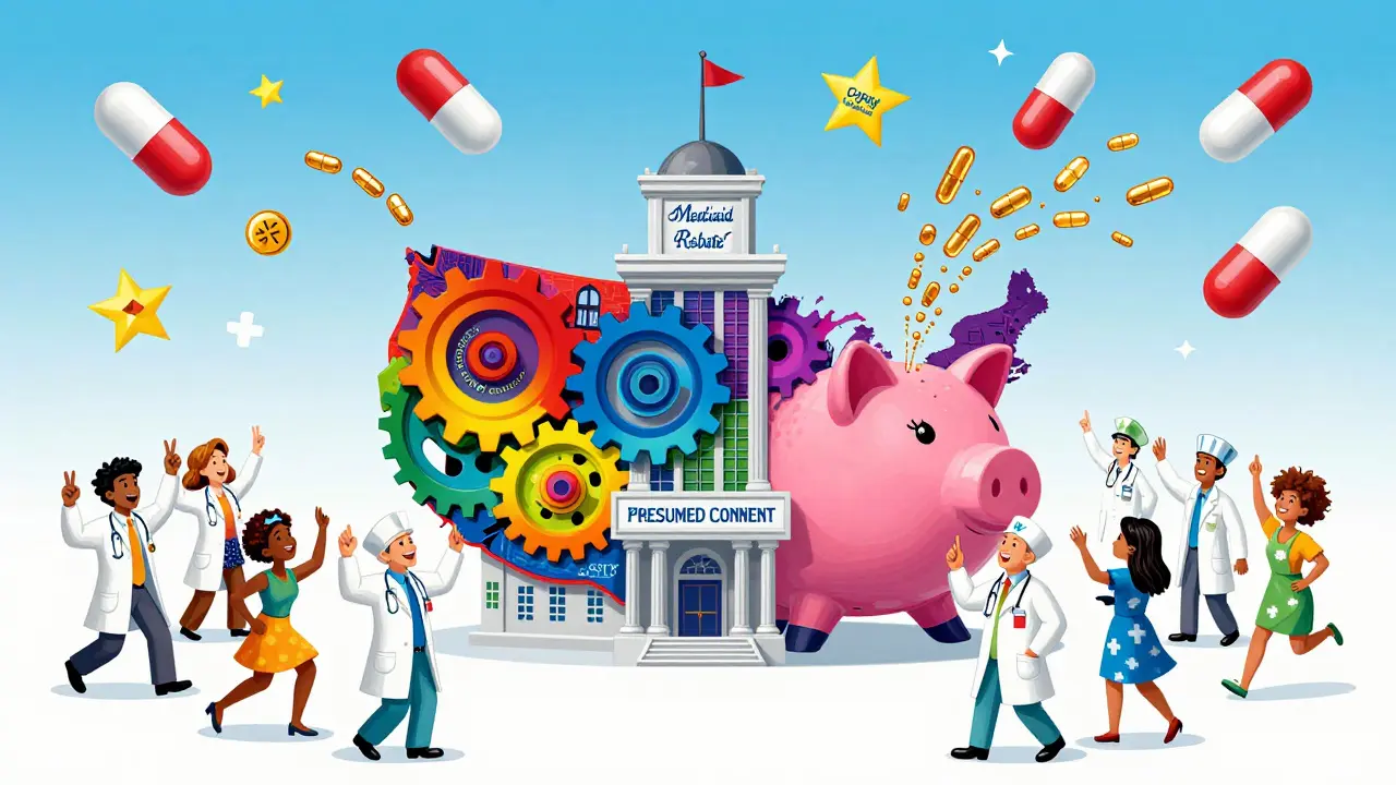 State government gears turning to generate generic pills into a U.S.-shaped piggy bank.