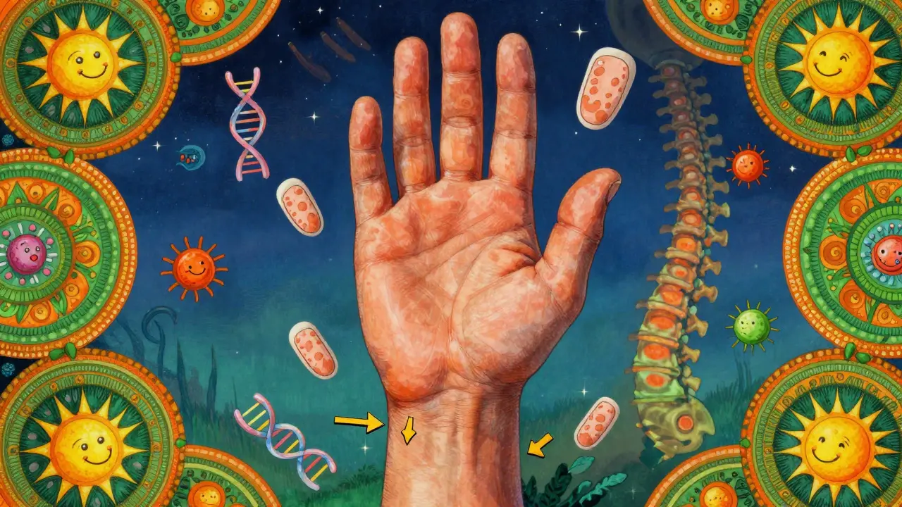 Swollen sausage-like fingers with pitted nails and enthesitis points surrounded by swirling cosmic patterns in vibrant colors.