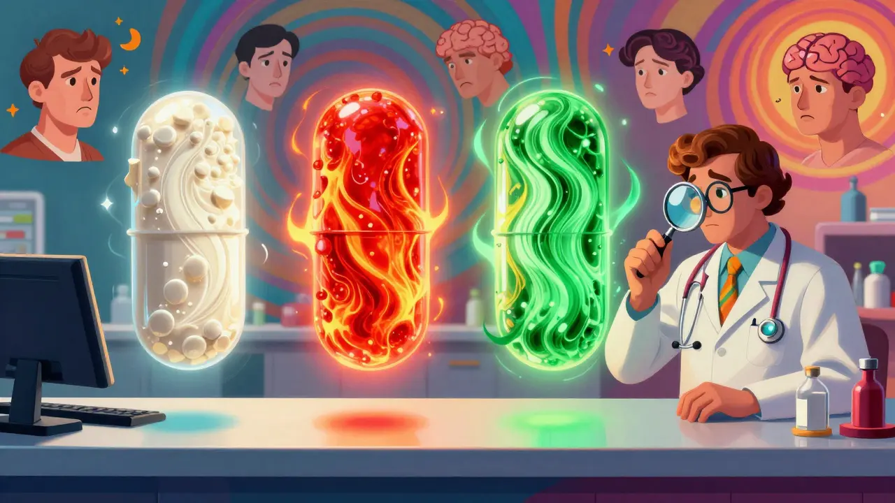 Three generic pills emitting glowing inactive ingredients, examined by a rainbow-clad pharmacist.