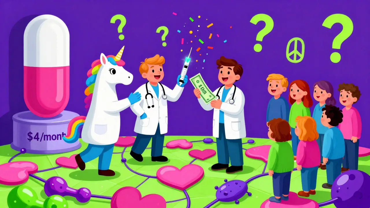 Whimsical clinic scene showing patients receiving cholesterol treatments with floating doctors and glowing syringes.