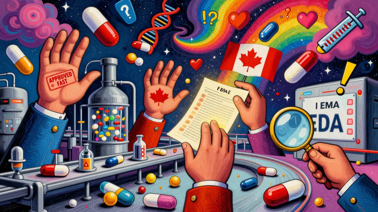 Whimsical hands from different countries interacting with a pharmaceutical production line, sending out pills with conflicting labels in a surreal, colorful setting.