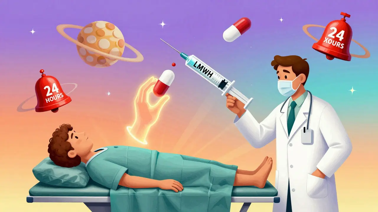 A doctor holding a syringe near a patient, with anticoagulant pills orbiting like planets under cosmic gradients.