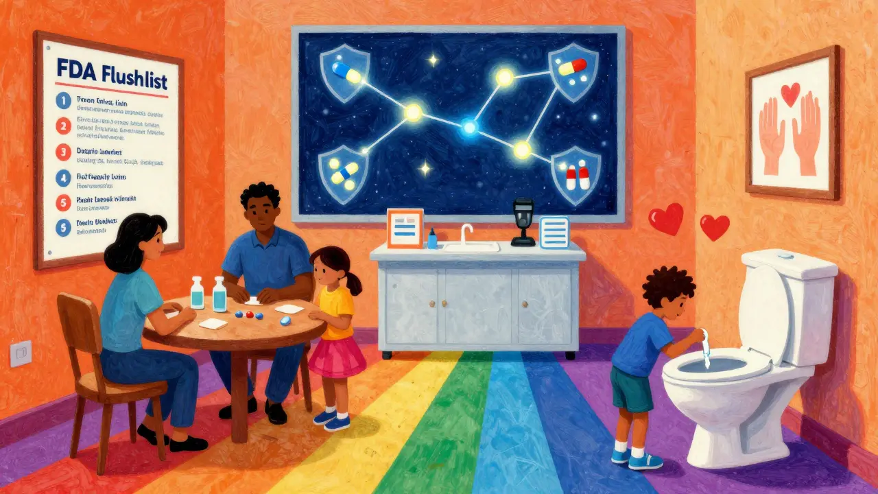 A family, pharmacist, and child connected by rainbow paths, with a glowing FDA flush list poster on the wall.