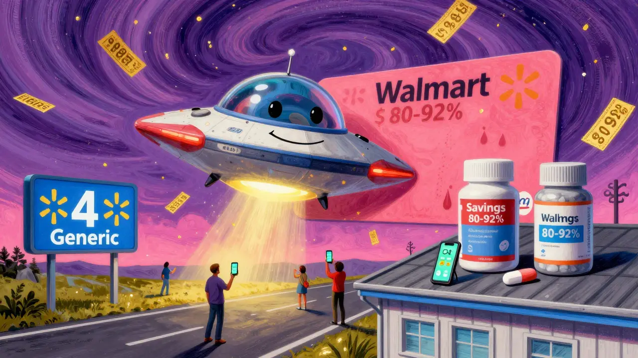 A giant discount card spaceship lands on a pharmacy with tiny people comparing prices under a cosmic sky.