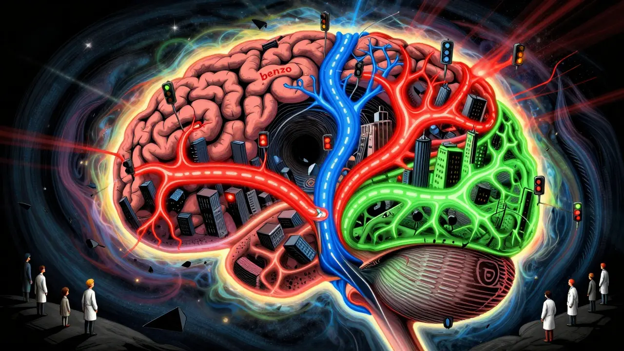 A glowing brain cityscape has three drug streams colliding in a dark tunnel, causing neurons and buildings to crumble in psychedelic style.