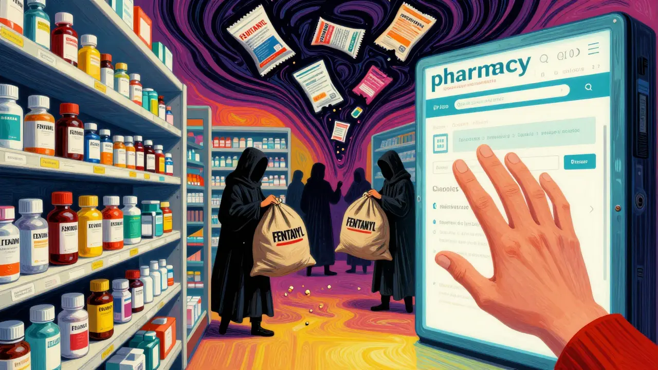 A hand entering a verified .pharmacy portal while shadowy figures dump counterfeit pills into a dark vortex of fake websites.