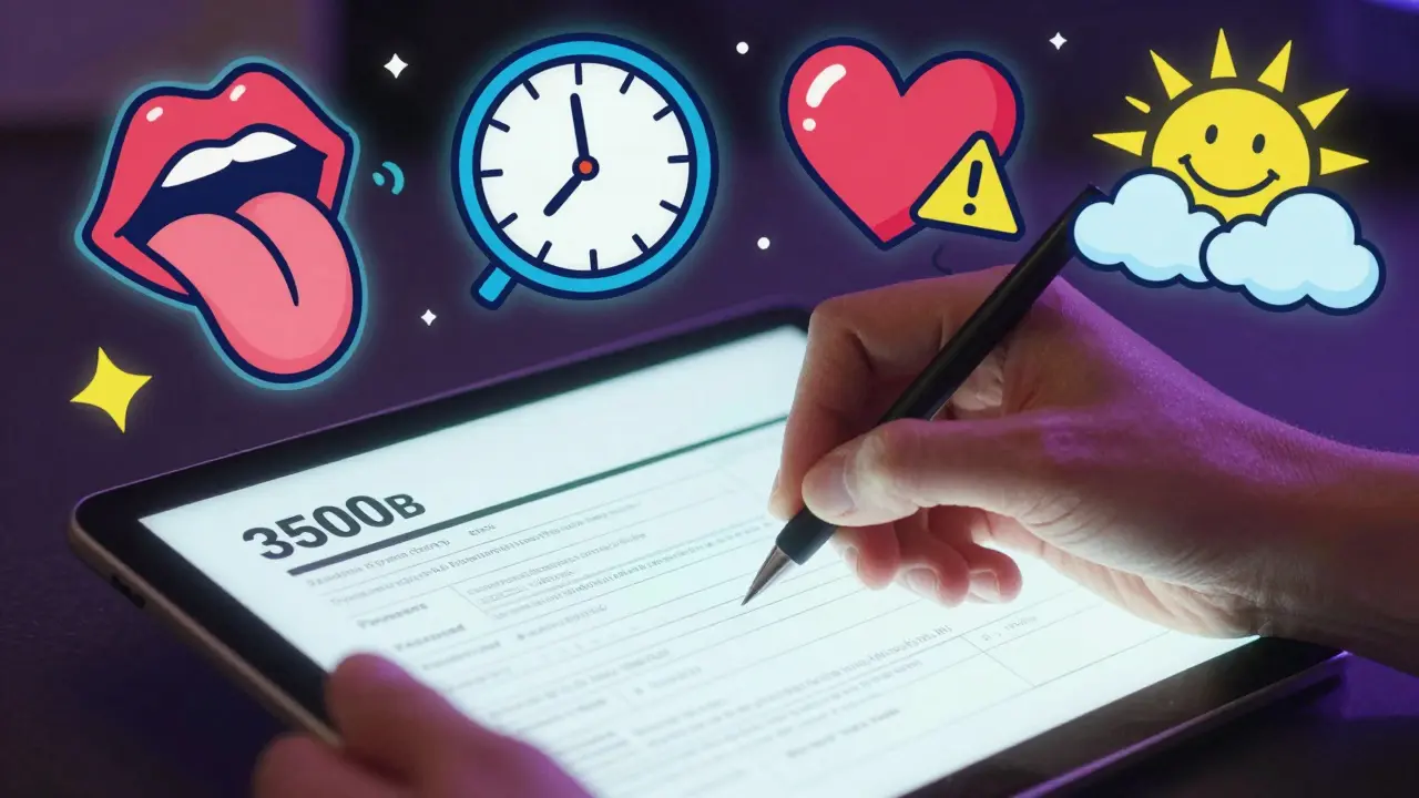 A hand filling out a MedWatch form surrounded by floating medical symbols in bright, psychedelic colors.