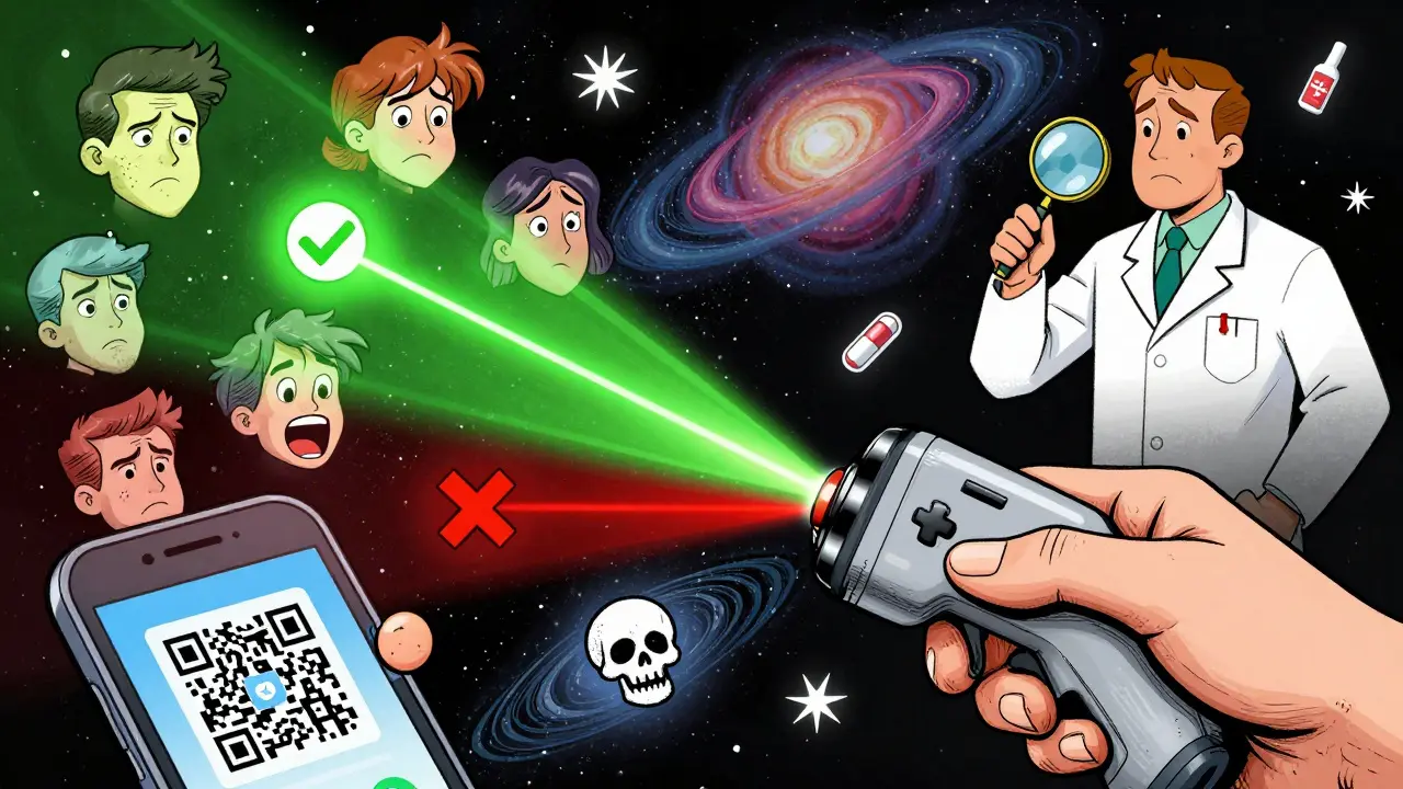 A laser scanner analyzing a pill, splitting into green checkmark and red skull paths, with consumers and pharmacist nearby.