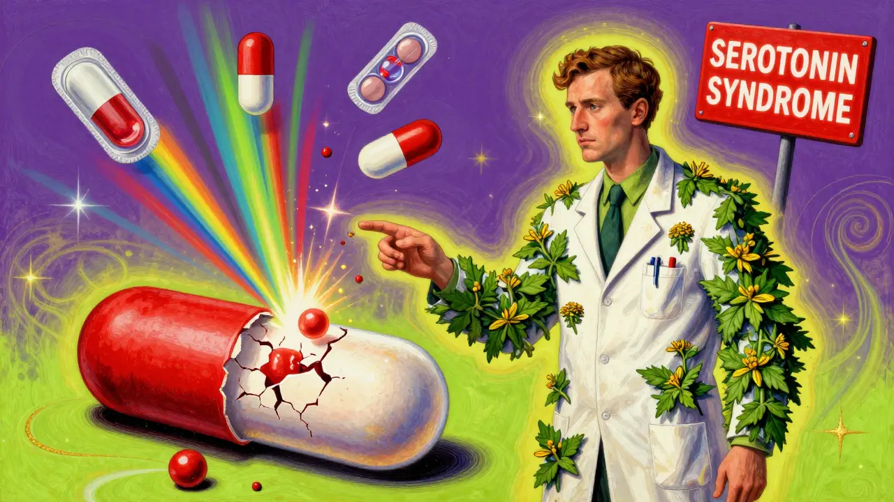 A man in St. John’s Wort lab coat beside a cracking antidepressant pill releasing serotonin sparks.