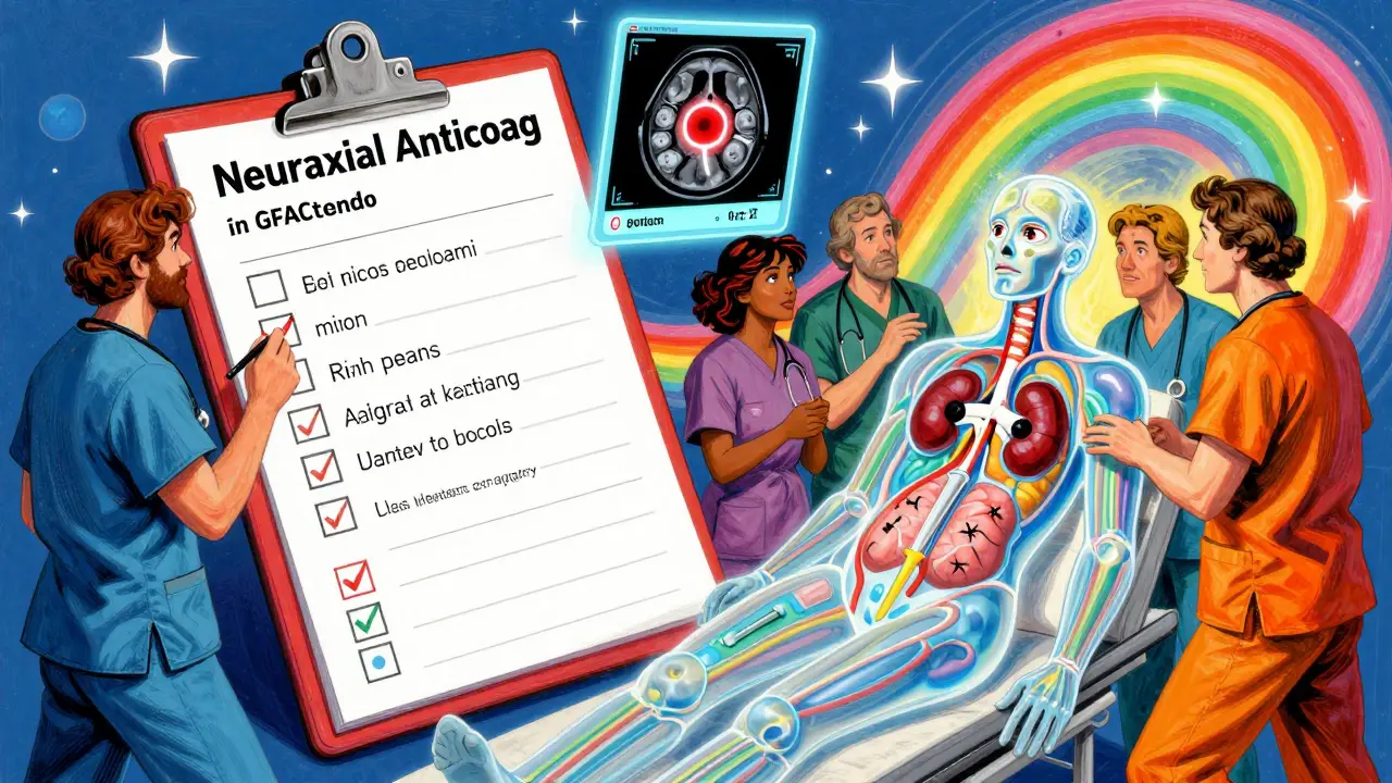 A medical team using a glowing checklist and app, with risk factors visible in a translucent patient and a red hematoma countdown.
