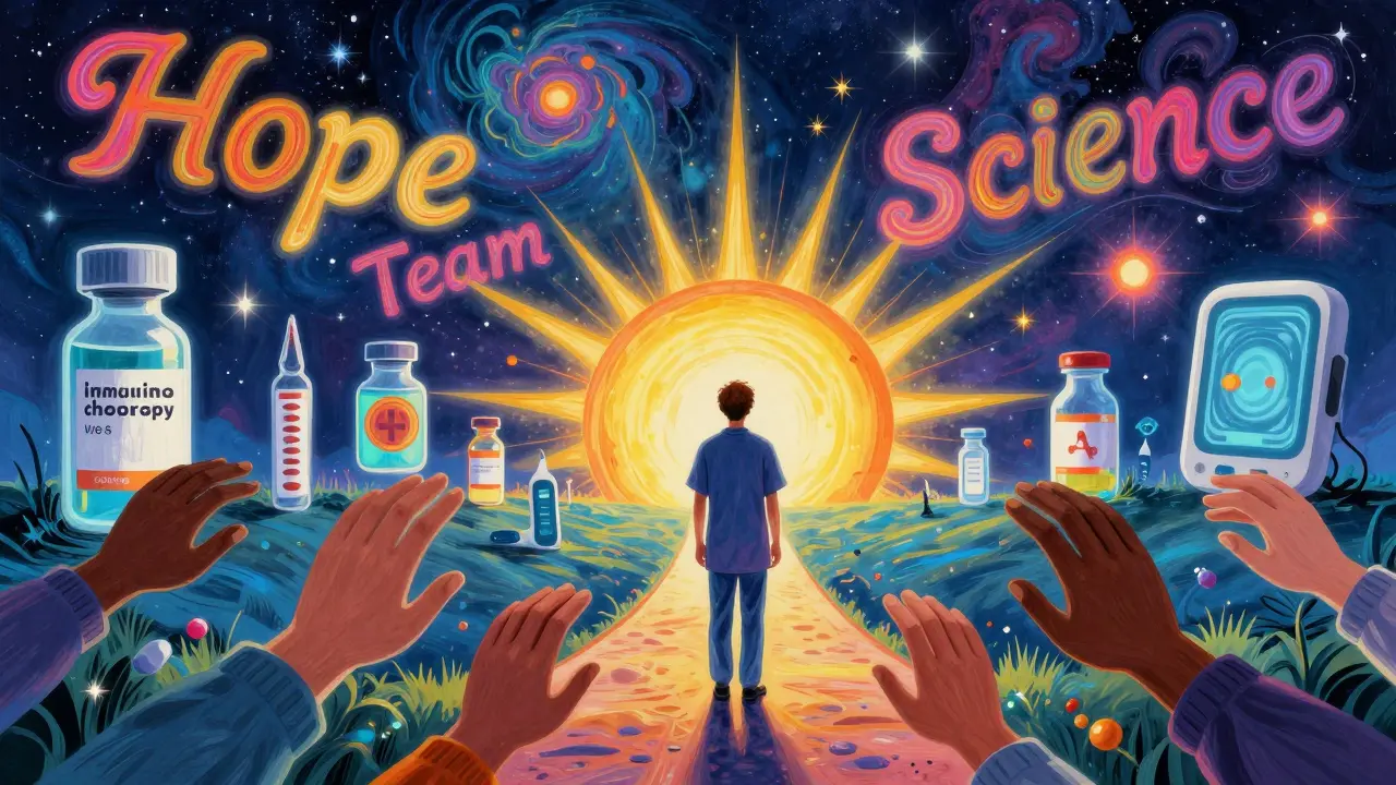 A patient walks toward a horizon of medical breakthroughs guided by supportive hands under a cosmic sky.