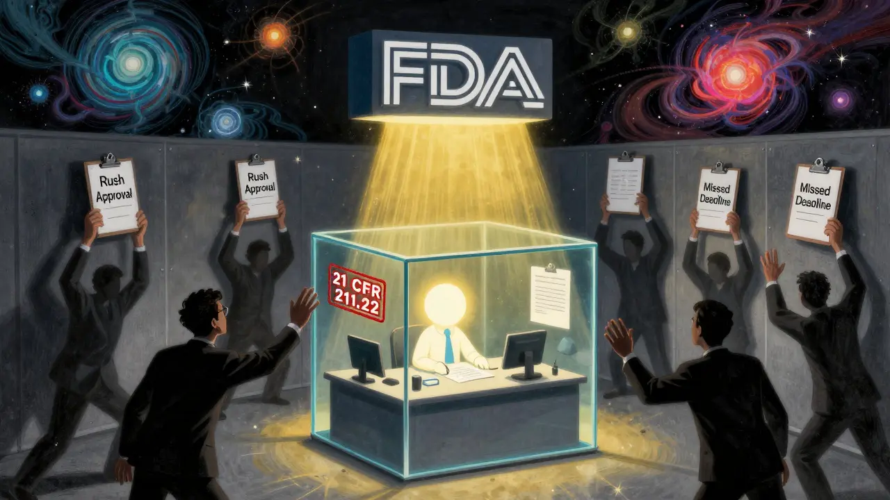 A QA officer in a glass cube resists pressure from shadowy production managers, illuminated by a golden FDA light beam.