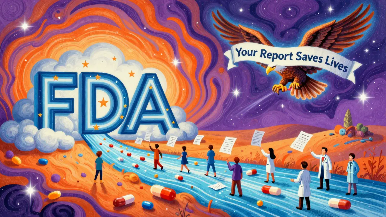 A river of pills flowing into an FDA emblem shaped like stars and clouds, with people reporting safely.