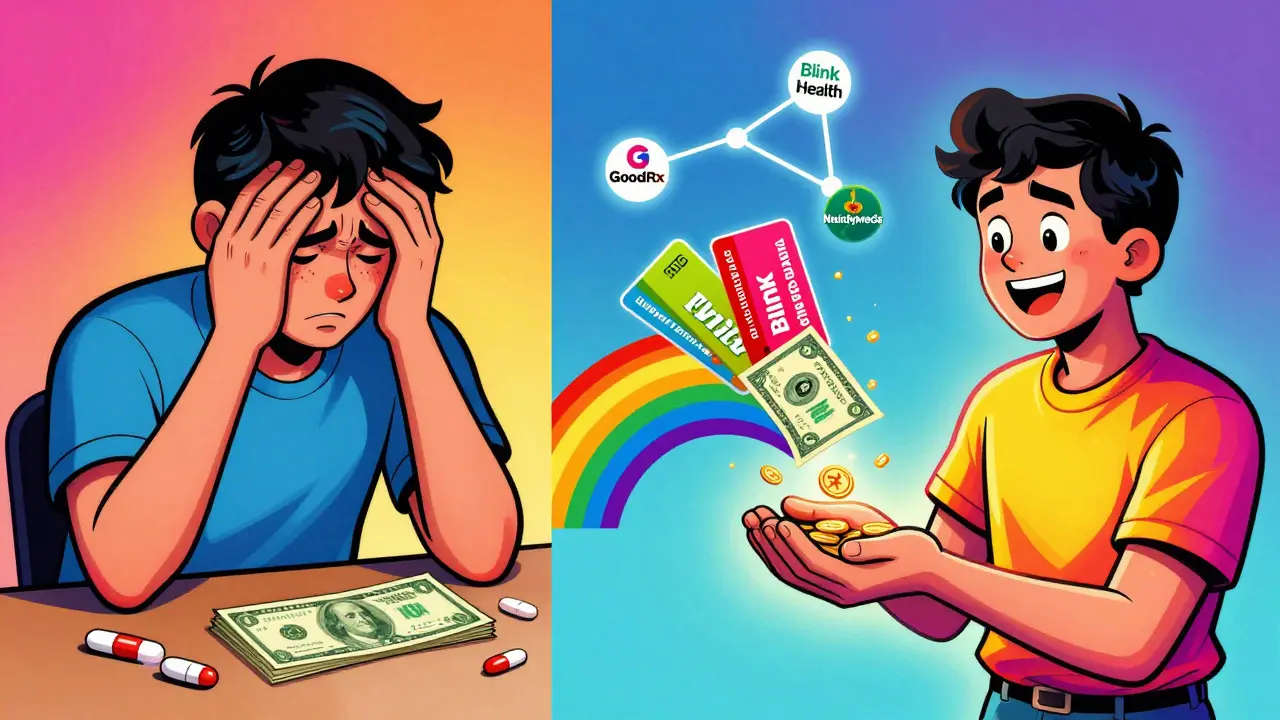 A split illustration showing a patient’s savings transformed by discount cards in psychedelic pop art style.
