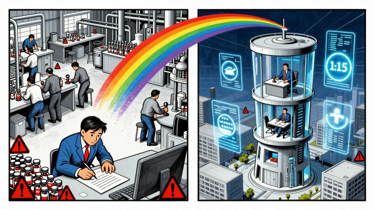 A split scene: one side shows overwhelmed QA signing batches under pressure; the other shows empowered QA in a tower with direct CEO access.