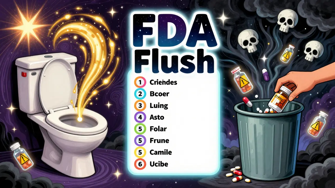 A toilet flushing a fentanyl patch on one side, a child pulling pills from trash on the other, with a glowing FDA list in center.