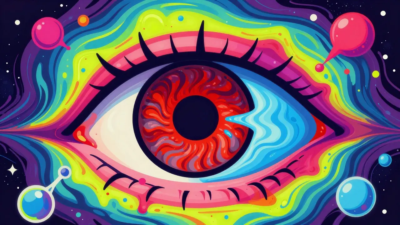 Abstract eye showing alkali burn (deep red spiral) vs acid burn (shallow blue wave).