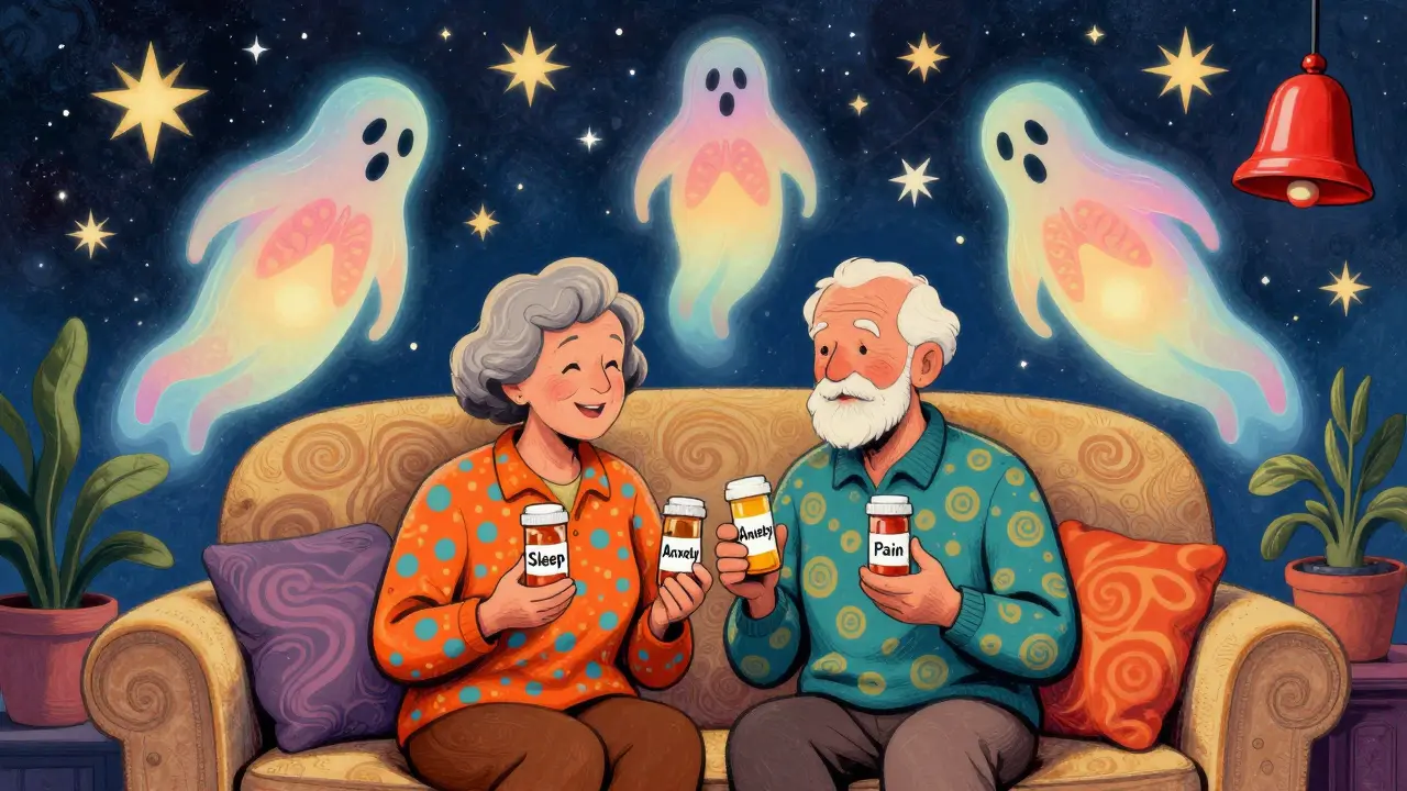 An elderly couple holds prescription bottles as ghostly falling stars represent respiratory decline in a warm, starry living room scene.