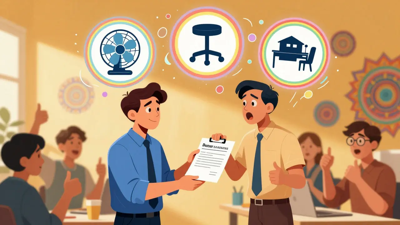 An employee sharing a doctor's note with a manager, surrounded by symbols of workplace accommodations and rainbow halos.