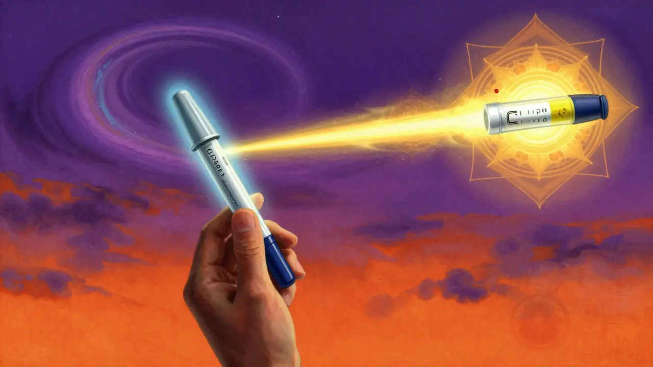 An expired EpiPen fading beside a glowing new one, radiating life-saving energy.