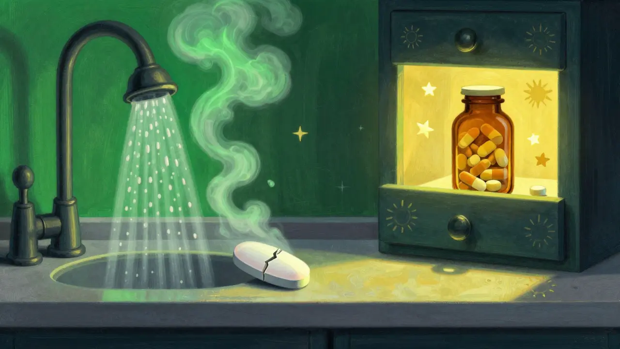 An expired pill next to a steamy shower, while properly stored pills glow in a dark drawer.