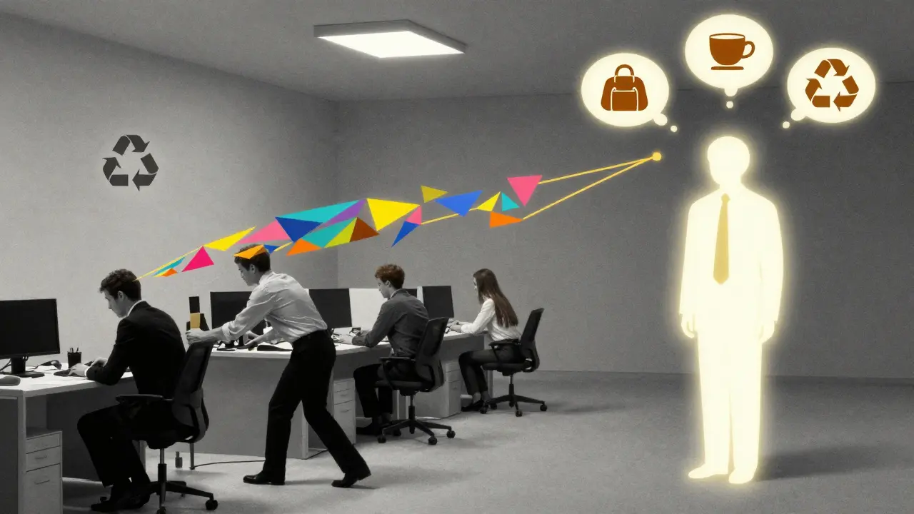 Coworkers in a colorful office influence each other to recycle and adopt healthy habits, connected by radiant geometric patterns and glowing icons.