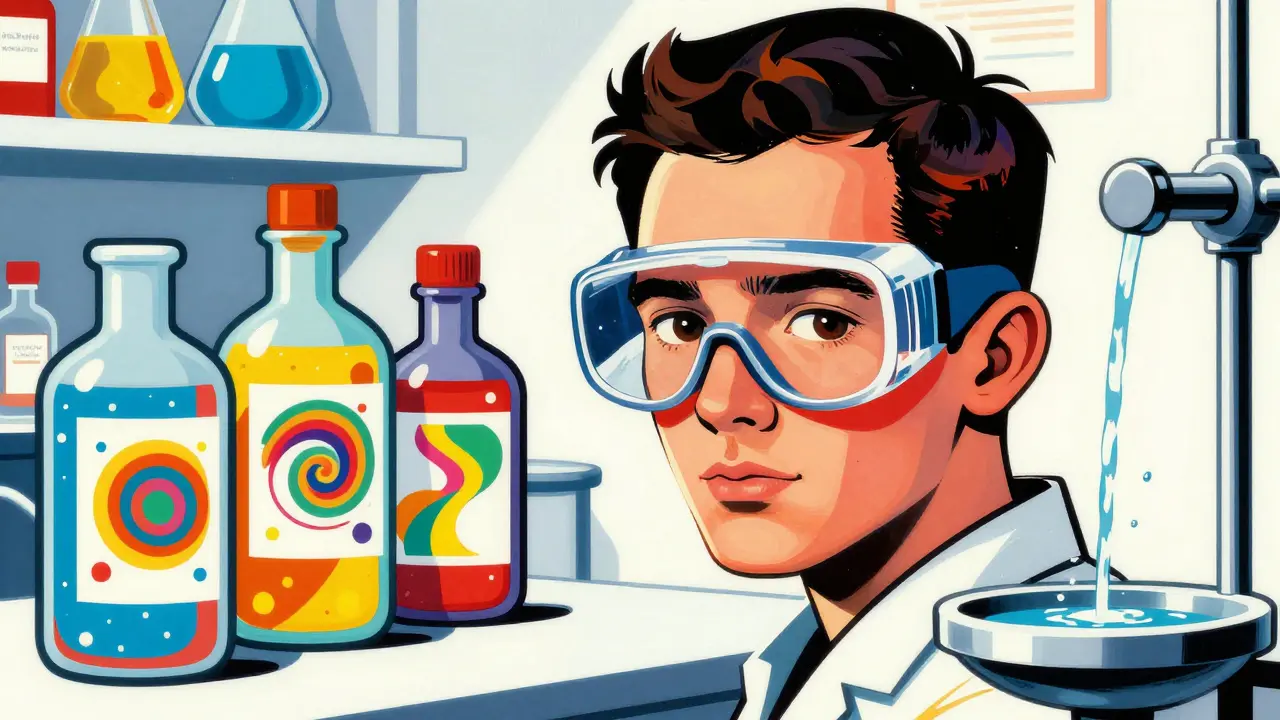 Person wearing safety goggles in lab with eyewash station and colorful chemical containers.
