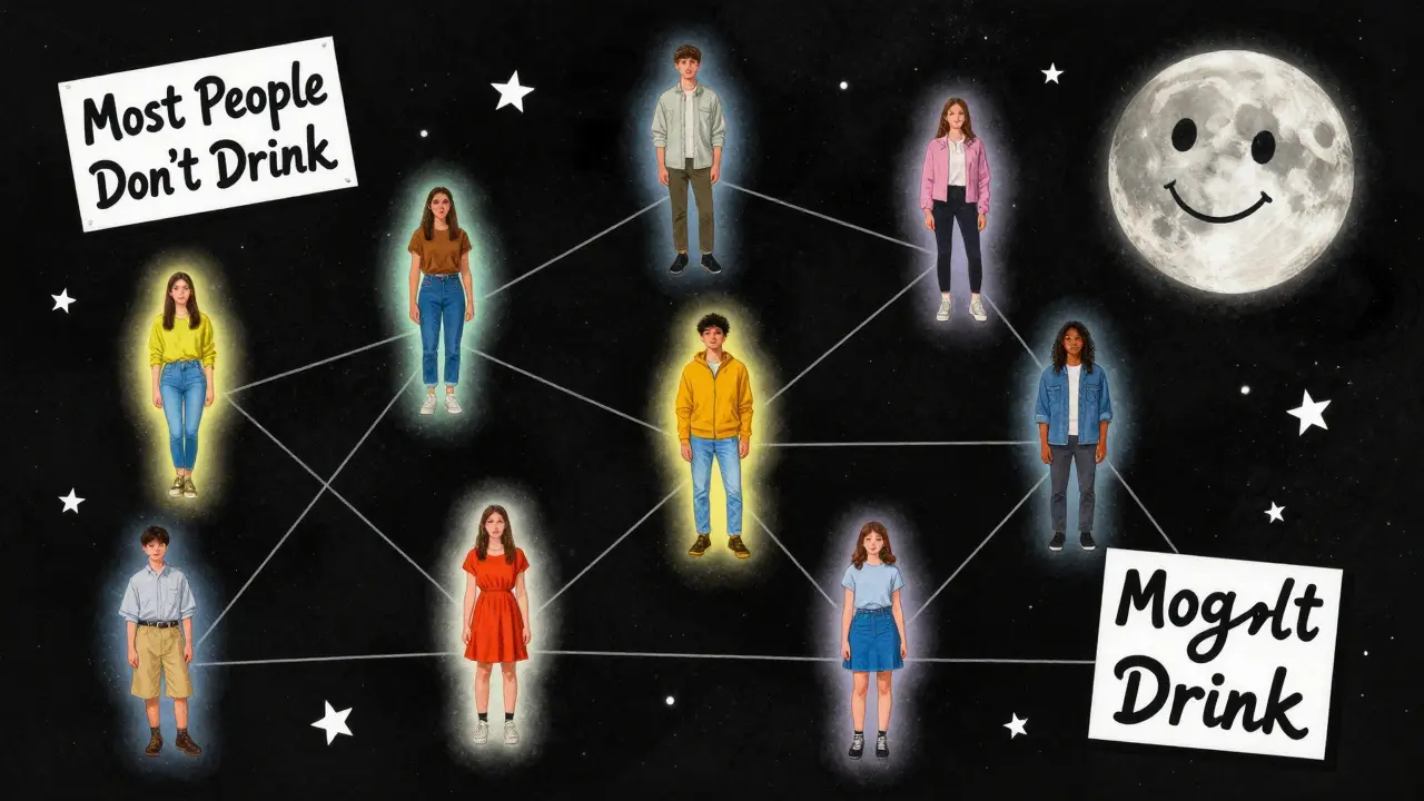 Teens floating in space with aura-based behaviors, connected by starlight networks, under a watchful moon with a positive social message.