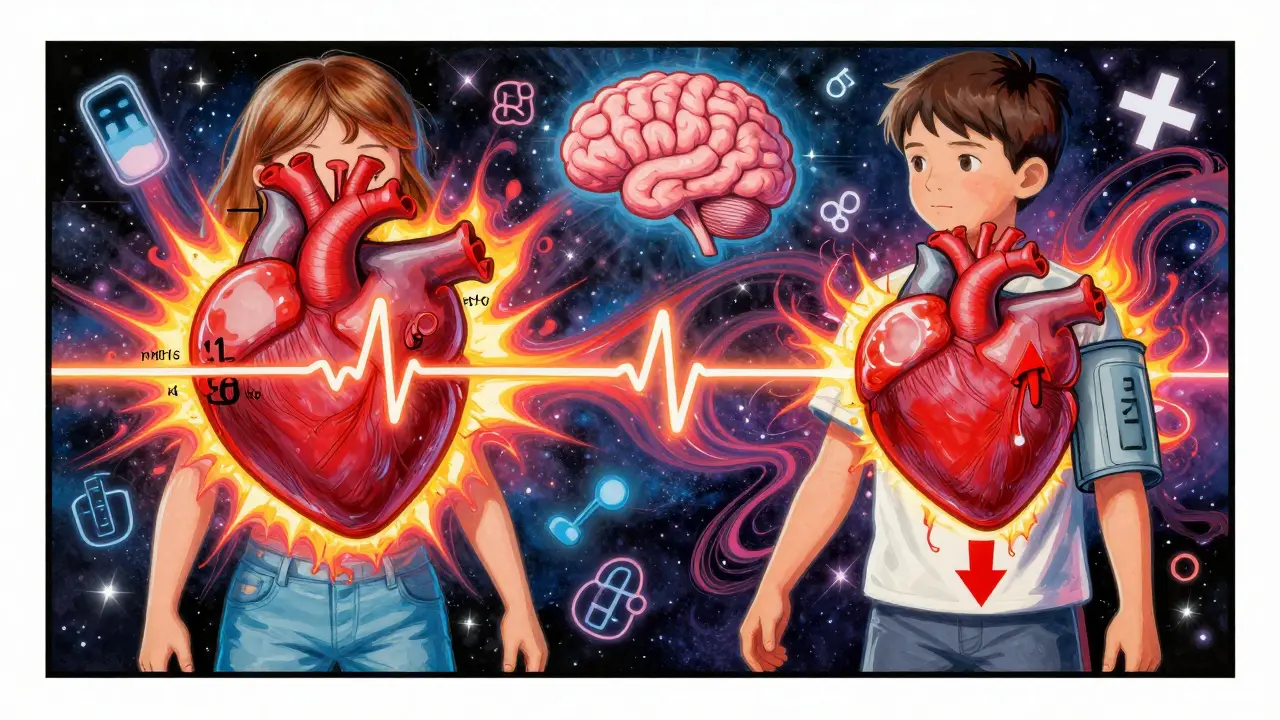 Two children contrast stimulant and guanfacine effects on heart health, shown with glowing symbols in vibrant Peter Max art.