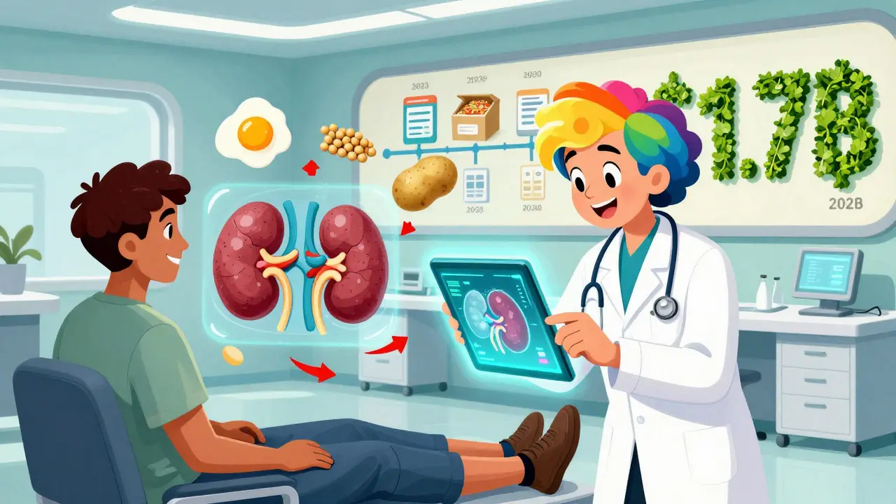 A dietitian scans a patient’s body to reveal a holographic kidney with real-time urea meters, surrounded by floating food icons.