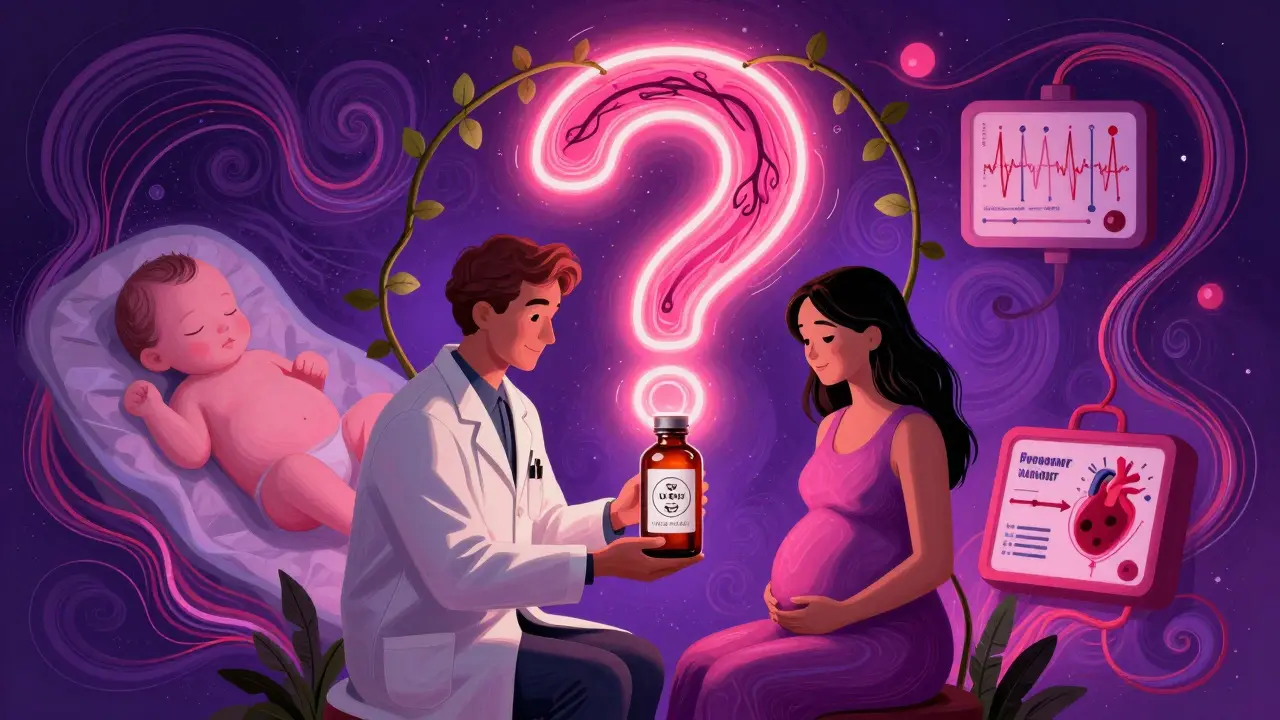 A doctor and pregnant woman discussing herbs under a glowing question mark, with medical warnings in the background.