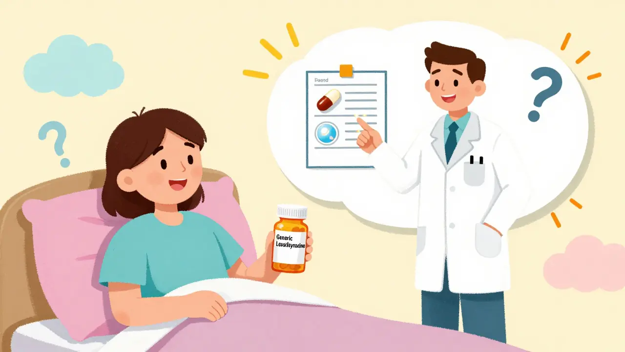 A patient examines a generic pill as a pharmacist explains invisible differences in a floating thought bubble with colorful swirls.