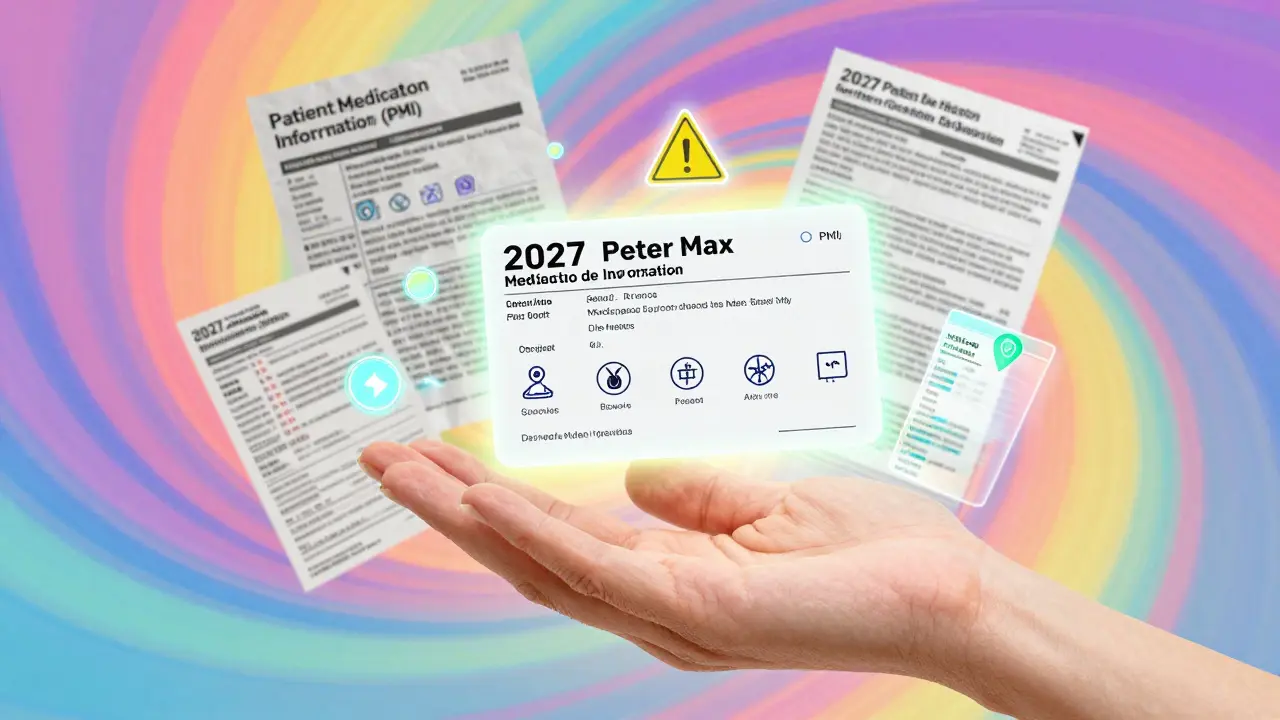 A patient holding a glowing, simplified Patient Medication Information card as old guides dissolve into light, all in psychedelic Peter Max style