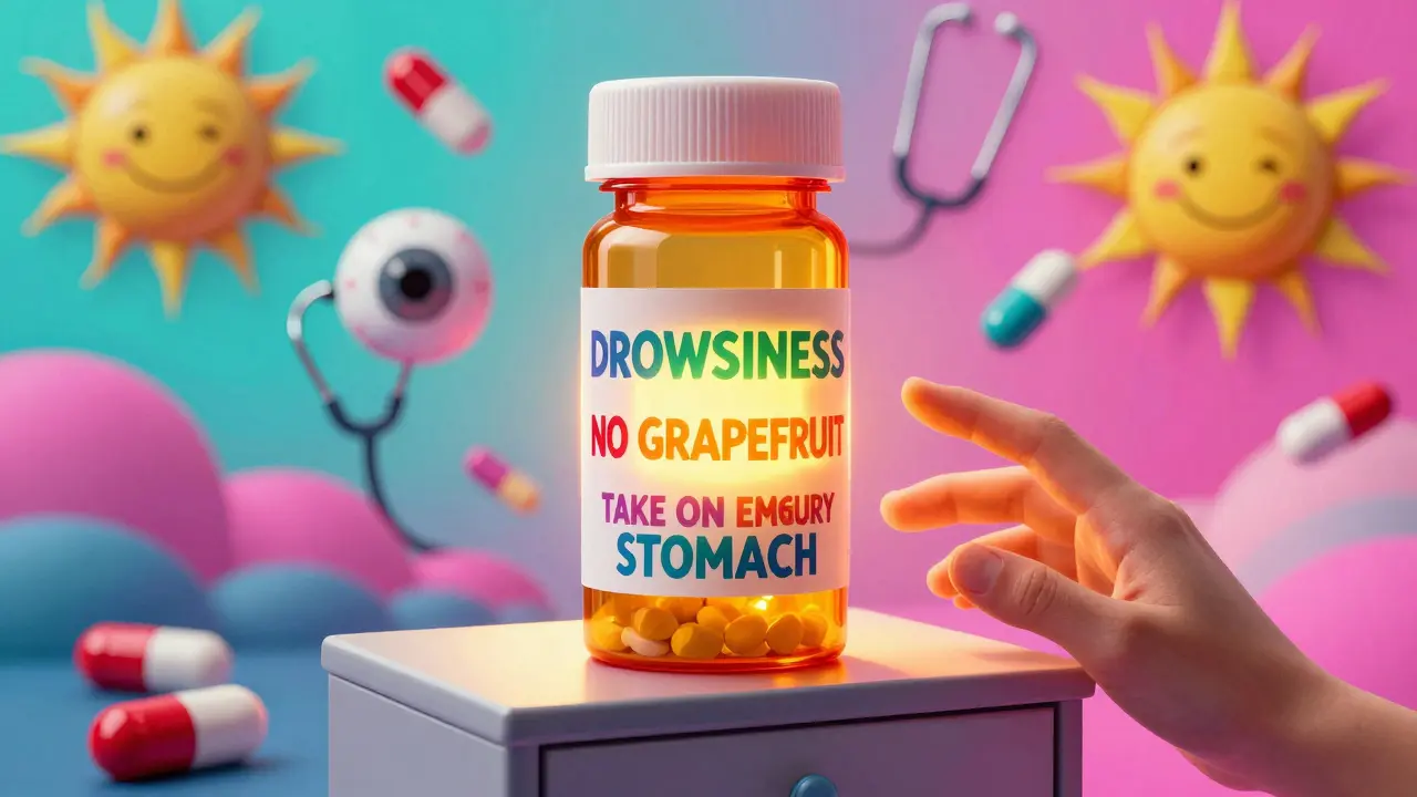 A prescription bottle with colorful warning stickers on a floating medicine cabinet, set in a surreal, glowing landscape.