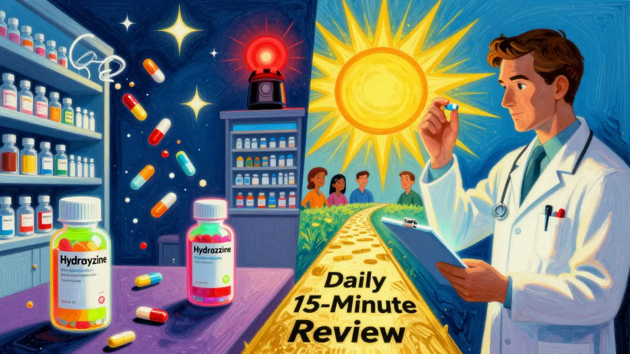 A split scene: chaotic pill chaos vs. calm technician with glowing checklist, symbolizing error prevention.