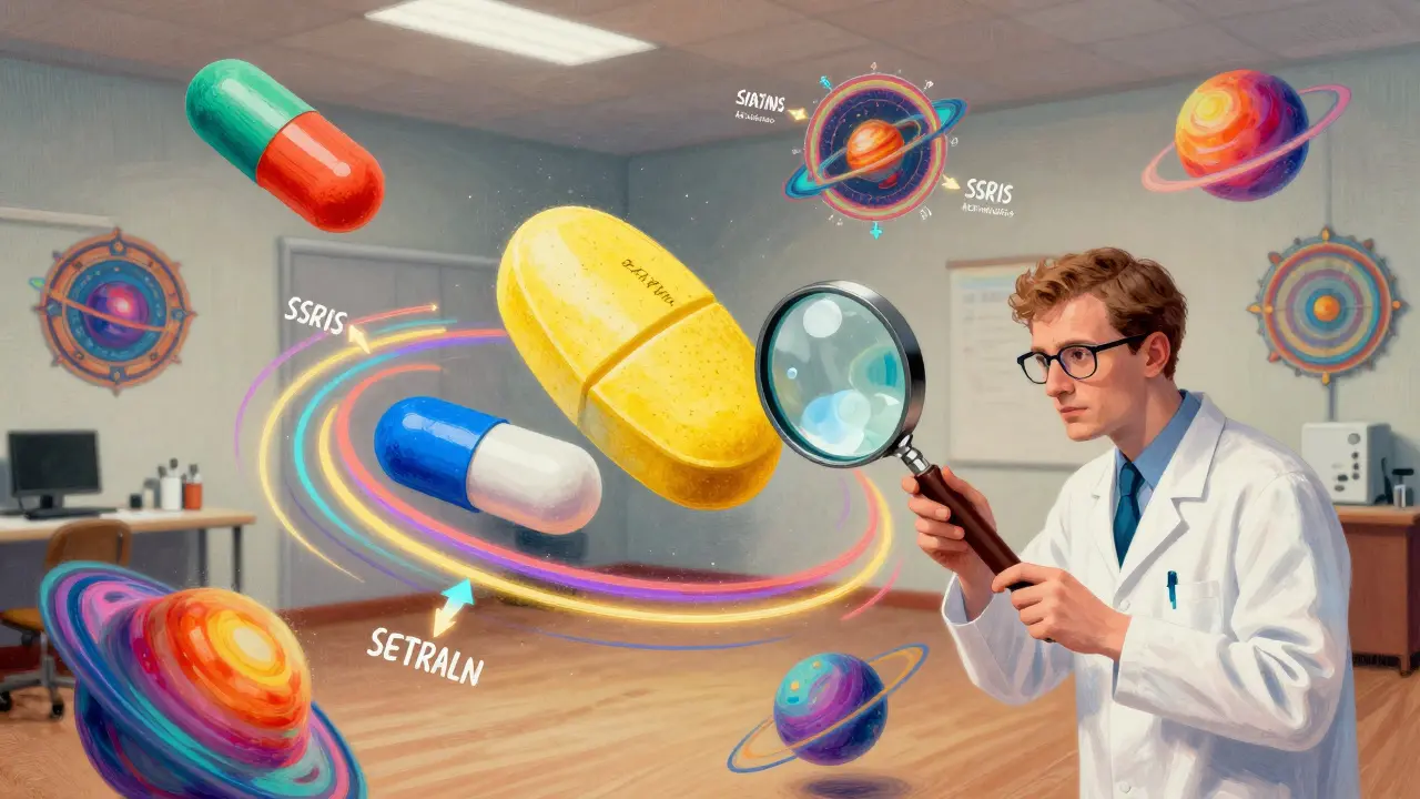 A technician examining floating rainbow pills shaped like galaxies, with drug classes orbiting as cosmic rings.