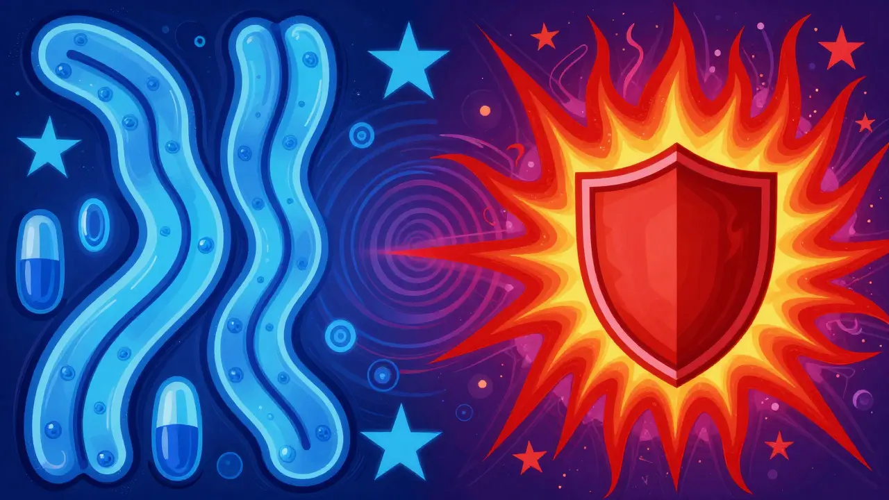 Abstract illustration comparing calm pathways to jagged immune responses.