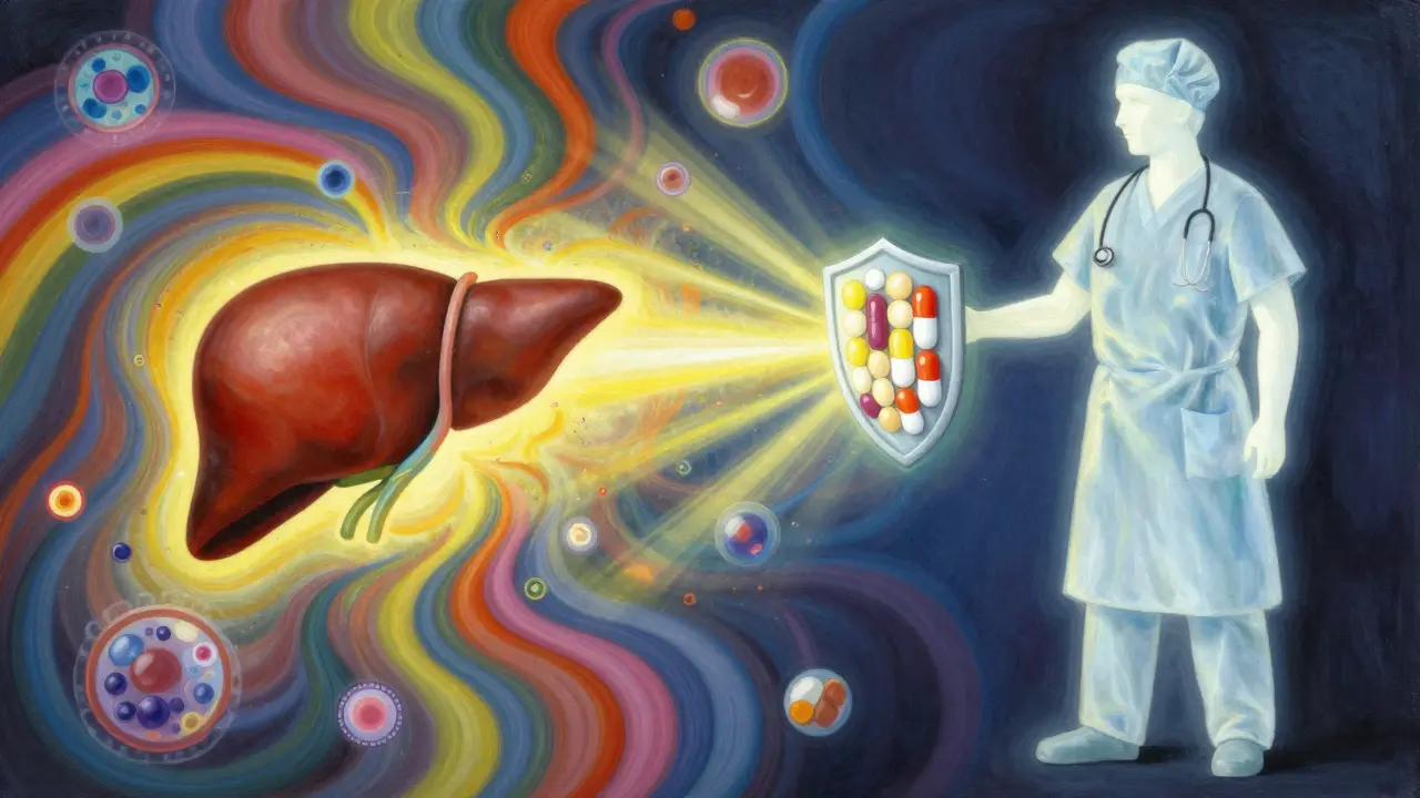An immune system storm attacking a liver, defended by a guardian figure using pill-shaped shields in psychedelic art style.