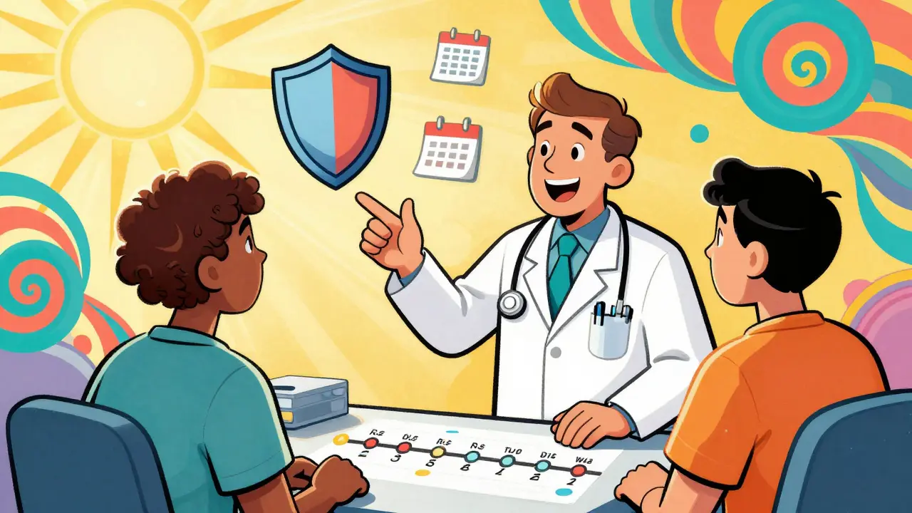 Cartoon doctor and patient discussing health schedule in a bright, swirly retro style.