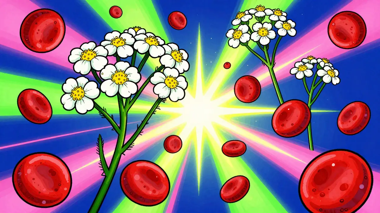 Colorful abstract art of white feverfew flowers mixed with red blood cells and platelets.