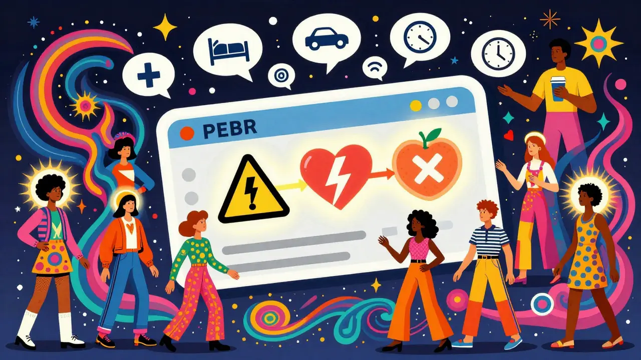 Diverse people gathered around a floating prescription label mural with warning icons, in vibrant psychedelic style.