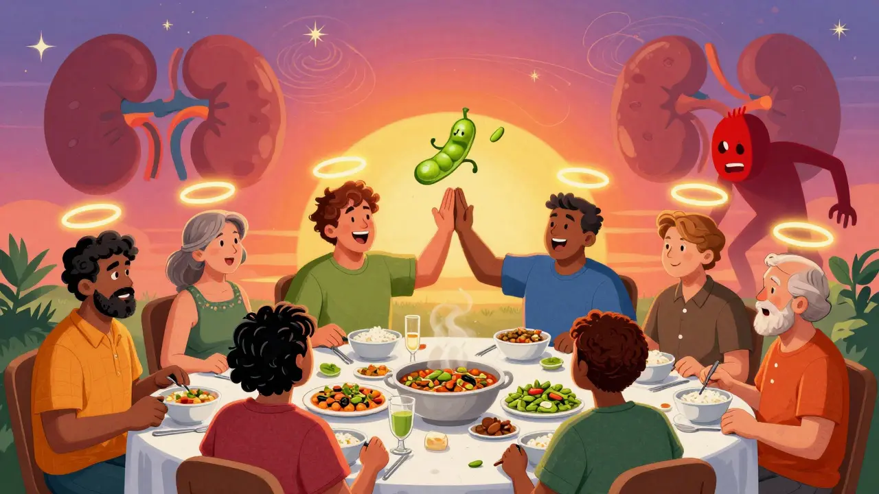 Diverse people sharing plant-based meals with animated legumes high-fiving, while kidney-shaped clouds glow in the sunset.